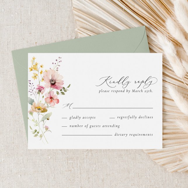 Boho Spring Colorful Wildflower Wedding RSVP Card (Wildflower meadow wedding RSVP card with soft floral illustration and elegant calligraphy)