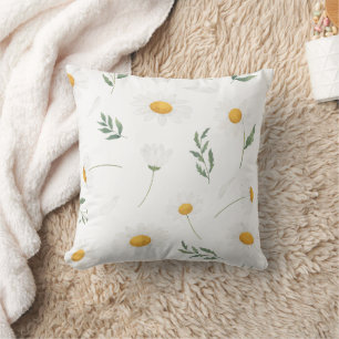 Boho Spring Daisies & Green Leaves Home Decor Throw Pillow