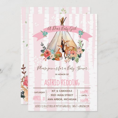 Boho Spring Dear Baby Girl Woodland Shower Invite