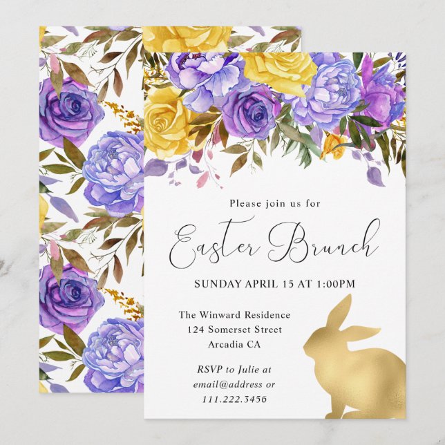 Boho Spring Flowers and Gold Bunnies Easter Brunch Invitation (Front/Back)