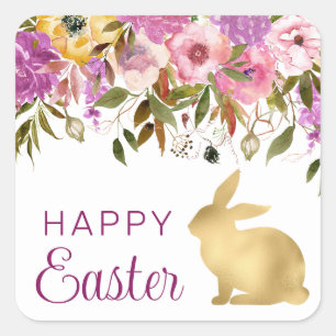 Boho Spring Flowers and Gold Bunnies Happy Easter Square Sticker