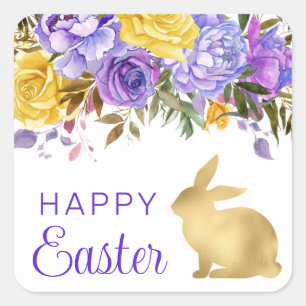 Boho Spring Flowers and Gold Bunnies Happy Easter Square Sticker