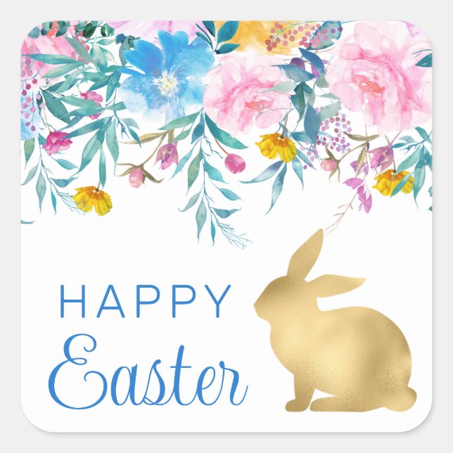 Boho Spring Flowers and Gold Bunnies Happy Easter Square Sticker (Front)