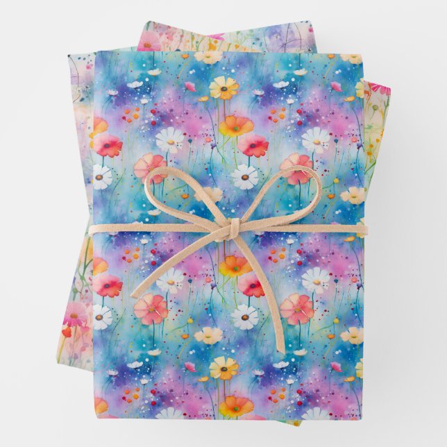 BOHO SPRING MEADOW FLORAL WRAPPING PAPER SHEETS (In situ)
