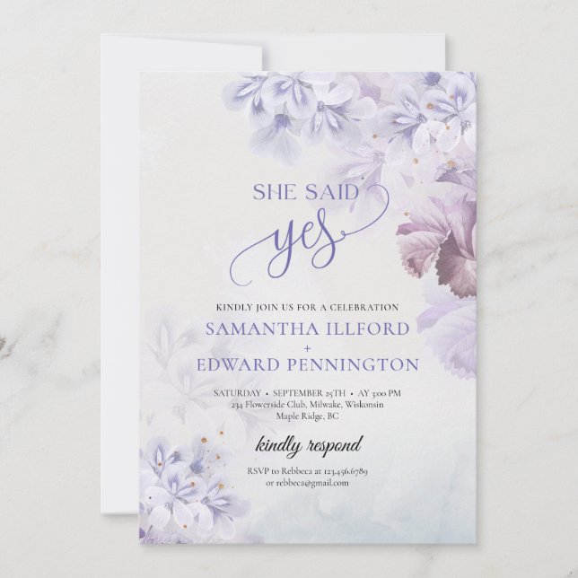 Boho spring pastel purple dusty blue she said yes invitation (Front)