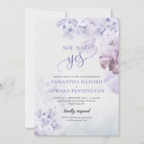 Boho spring pastel purple dusty blue she said yes invitation