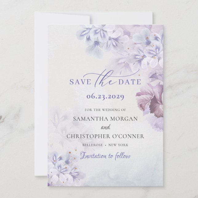 Boho spring purple and dusty blue floral mauve save the date (Front)