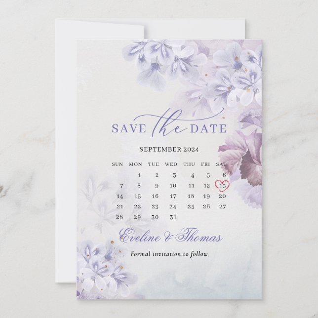 Boho spring purple flowers mauve month calendar sa save the date (Front)