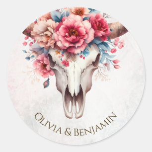 Boho Spring Watercolor Floral Cow Skull Wedding Classic Round Sticker