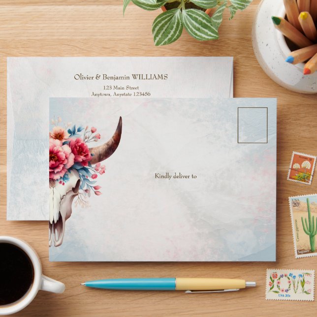 Boho Spring Watercolor Floral Cow Skull Wedding Envelope (Desk)