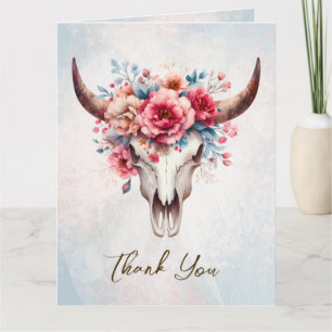 Boho Spring Watercolor Floral Cow Skull Wedding Letterpress Thank You Card