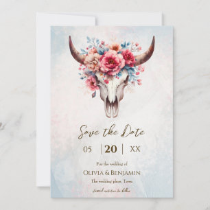 Boho Spring Watercolor Floral Cow Skull Wedding Save The Date