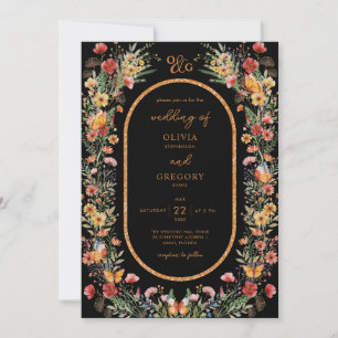Boho Spring Watercolor Wildflowers Gold Wedding Invitation