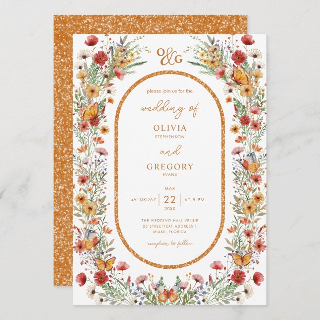 Boho Spring Watercolor Wildflowers Gold Wedding Invitation (Boho Spring Watercolor Wildflowers Butterflies Gold Fram Monogram Wedding Invitation)