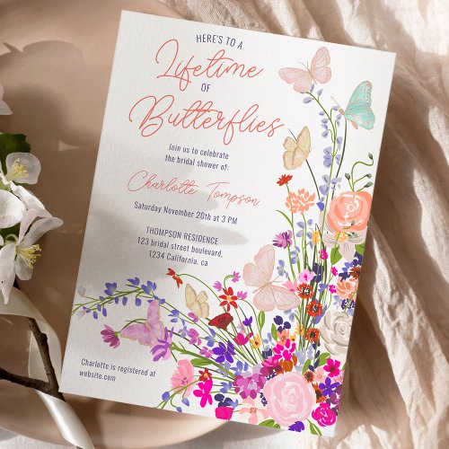 Boho spring wildflowers butterflies bridal shower invitation