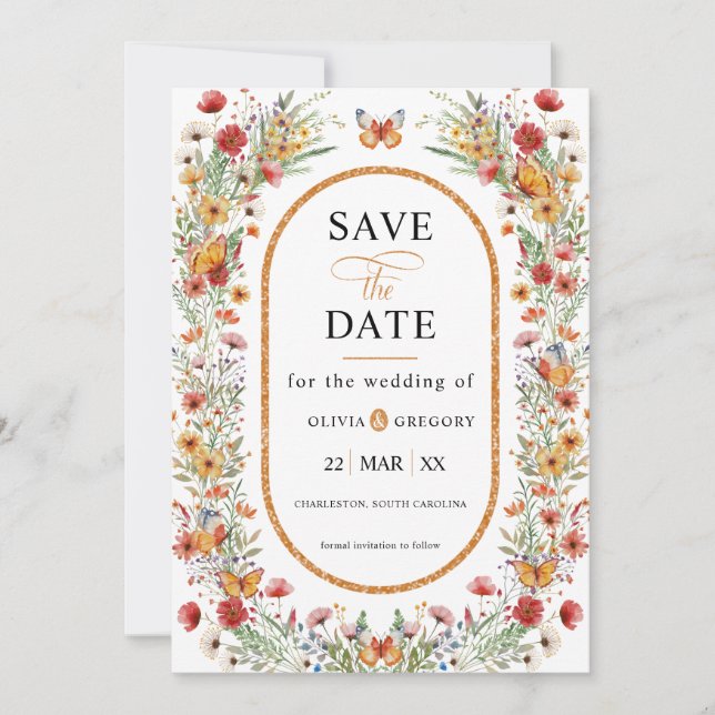 Boho Spring Wildflowers Butterflies Save the Date (Front)