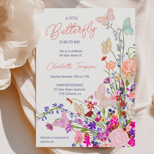 Boho spring wildflowers cute butterfly baby shower invitation