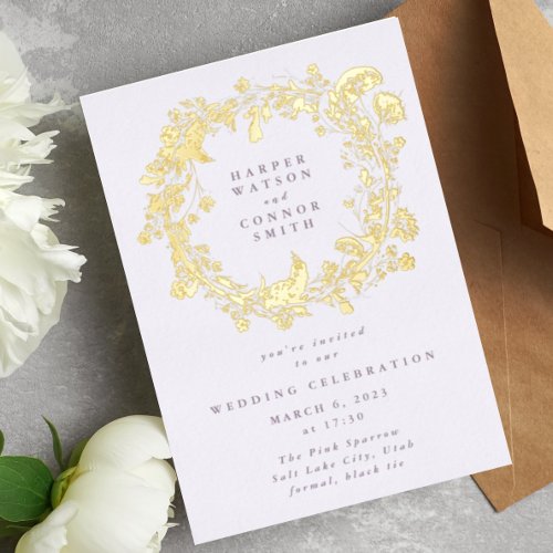 Boho Spring Wreath Wildflower Pampas Pressed Gold Foil Invitation