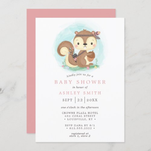 Boho Squirrel Tribal Watercolor Animal Baby Shower Invitation