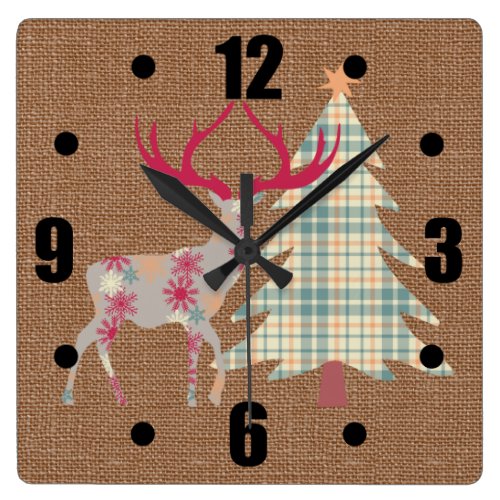 Boho Stag and Christmas Tree on Burlap Effect Square Wall Clock