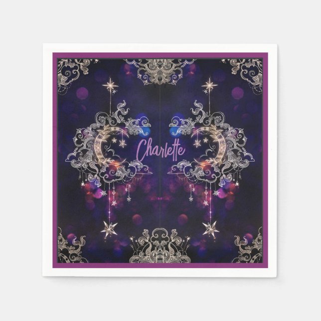 Boho Stars & Moon Purple Add Name Birthday Napkins (Front)