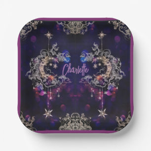 Boho Stars & Moon Purple Add Name Birthday Paper Plates