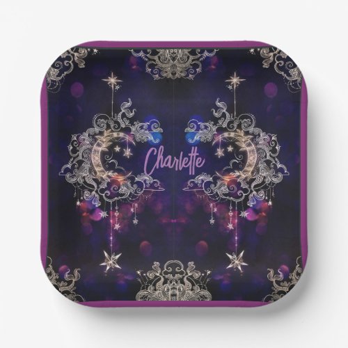 Boho Stars  Moon Purple Add Name Birthday Paper Plates