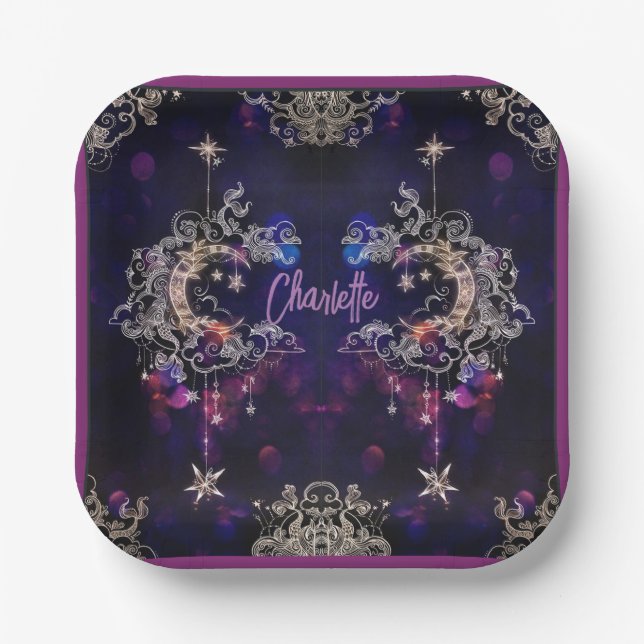 Boho Stars & Moon Purple Add Name Birthday Paper Plates (Front)