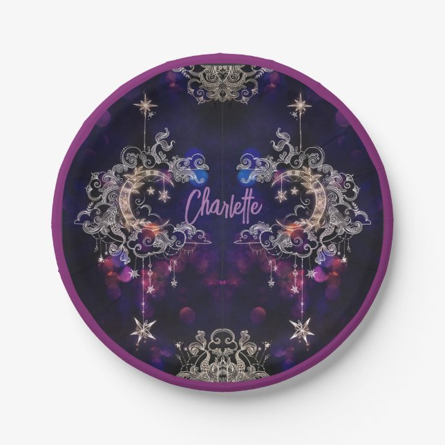 Boho Stars & Moon Purple Name Birthday Party Paper Plates (Front)
