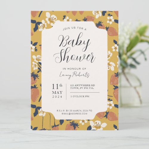Boho Stawberry Floral Baby Shower Invitation