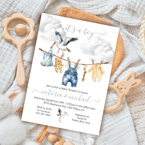 Boho Stork Baby Shower Clothesline Invitation