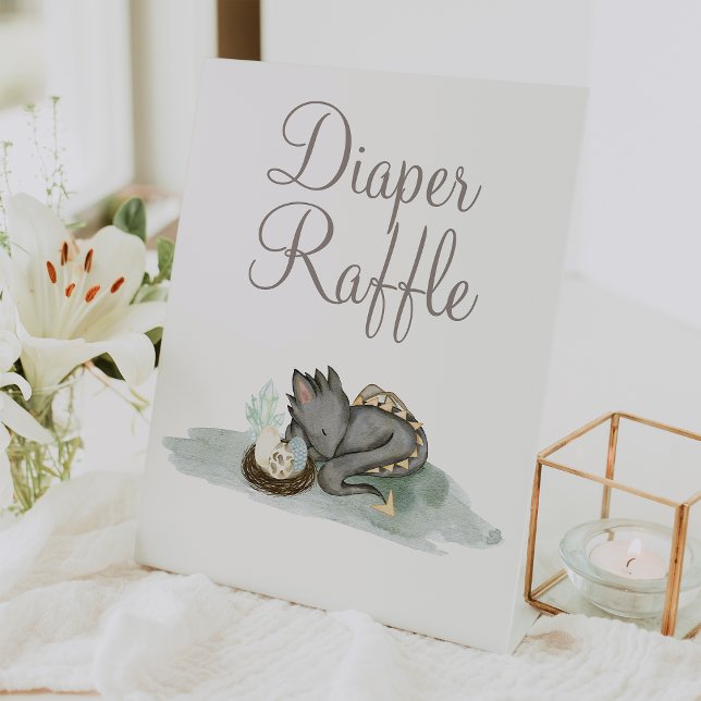 Boho Storybook Dragon Baby Shower Diaper Raffle Pedestal Sign (Creator Uploaded)