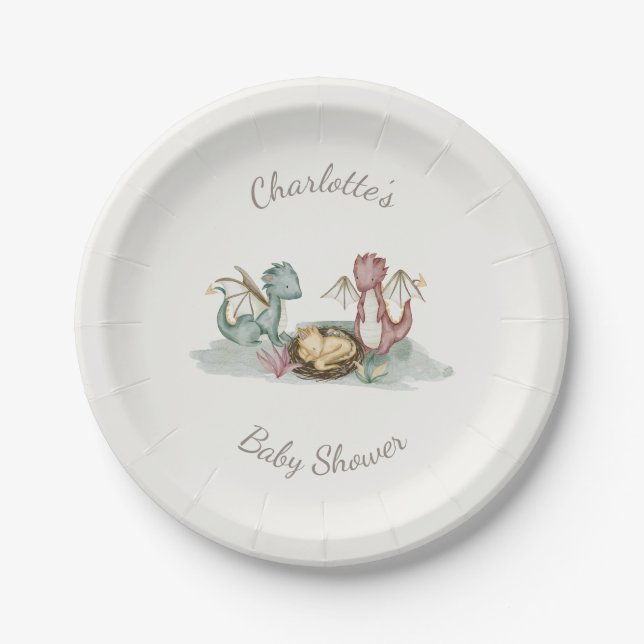Boho Storybook Dragon Baby Shower Paper Plates (Front)