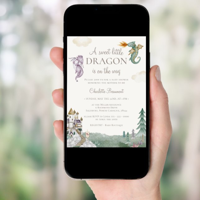 Boho Storybook Dragon Sweet Little Baby Shower Invitation (Front Digital)