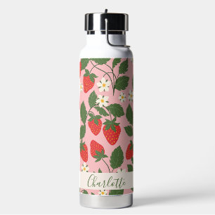 Boho Strawberries Greenery Pink Personalized Name Water Bottle