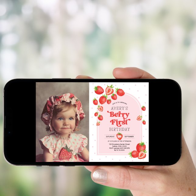 Boho Strawberry Berry First 1st Birthday Photo Invitation (Front Digital)