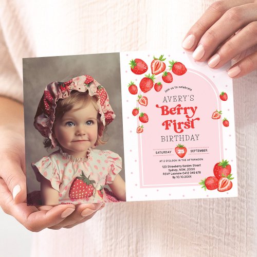 Boho Strawberry Berry First 1st Birthday Photo Invitation