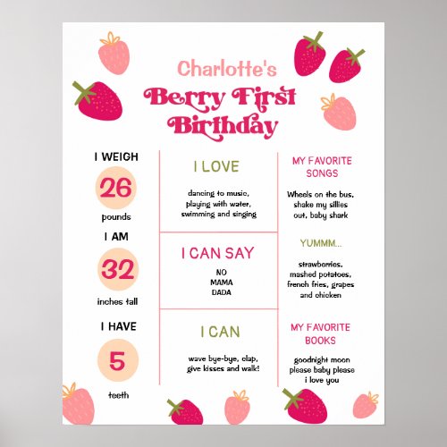Boho Strawberry Berry First Birthday Milestone  Poster