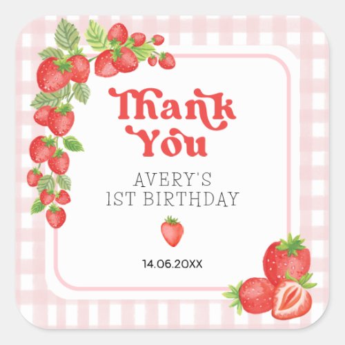 Boho Strawberry Berry First Birthday Thank You Square Sticker