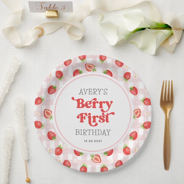 Boho Strawberry Berry First Girl Birthday Favors Paper Plates (Wedding)