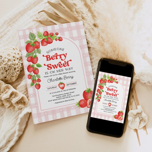 Boho Strawberry Berry Sweet Baby Girl Shower Invitation