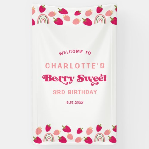 Boho Strawberry Berry Sweet Birthday Welcome  Banner