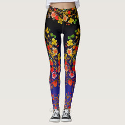 Boho Strawberry Floral Blue Ombre Leggings