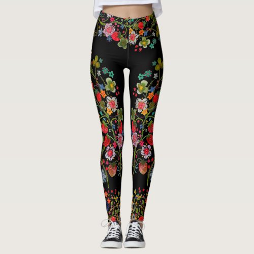 Boho Strawberry Floral Leggings