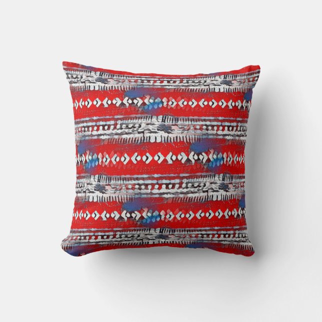 Boho Stripe 4th of July Red White and Blue Throw Pillow (Front)