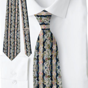Boho Stripe French Floral Blue Pink Blush Neck Tie