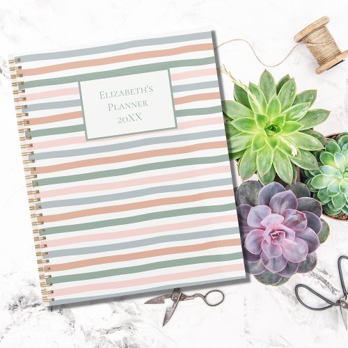 Boho Stripe Pink Blue Sage Green Terracotta Yearly Planner