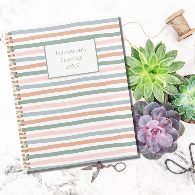Boho Stripe Pink Blue Sage Green Terracotta Yearly Planner (Creator Uploaded)