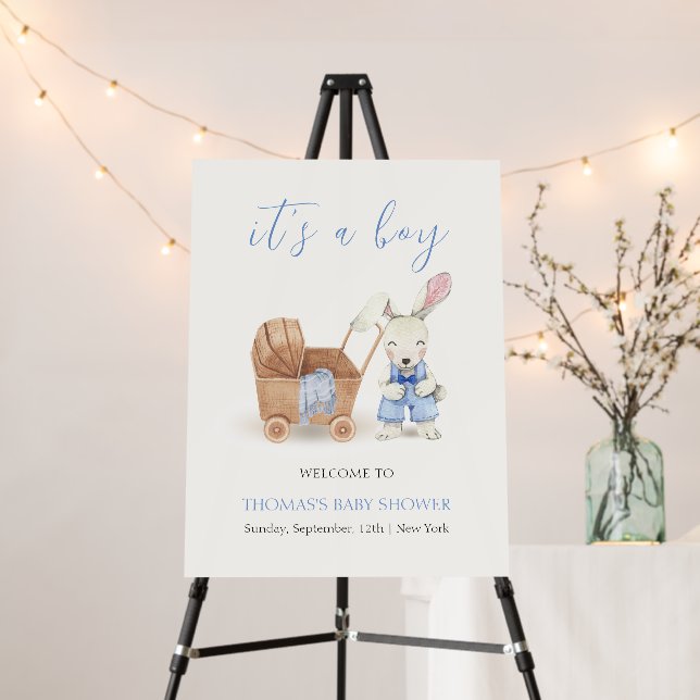 Boho Stroller Rabbit Boy Baby Shower Welcome Sign (In Situ (Stand))