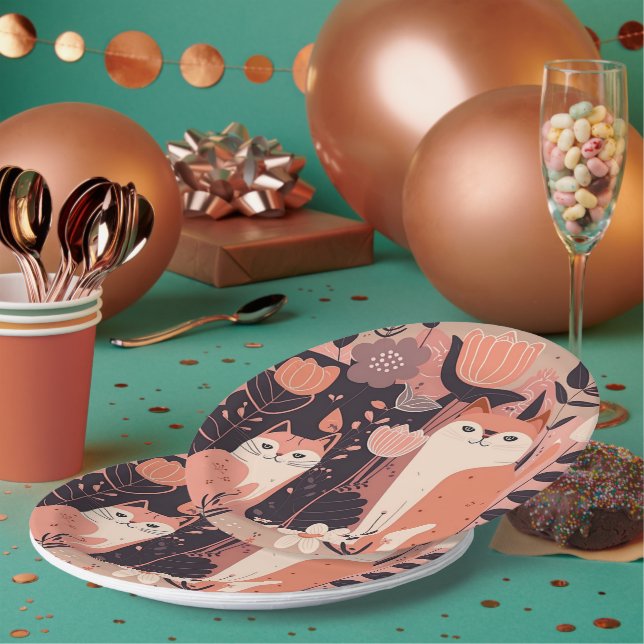Boho Style Cats and Flowers Pink Birthday Party Paper Plates (Multi)